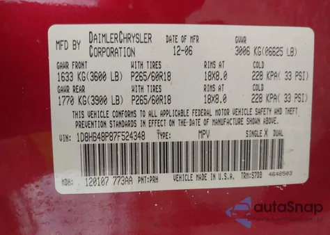 2007 Dodge Durango Slt from USA, damaged, VIN 1D8HB48P87F524348